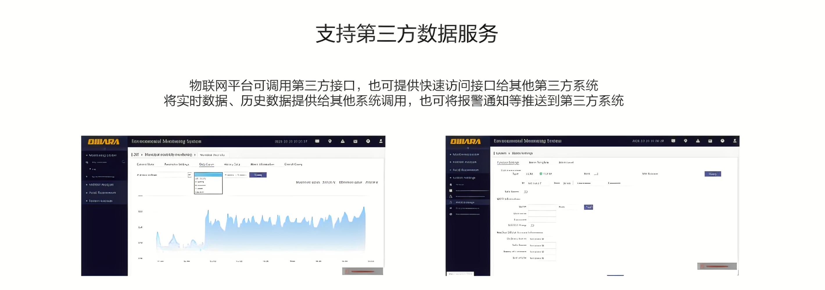 物聯網平臺可調用第三方接口，也可提供快速訪問接口給其他第三方系統，將實時數據、歷史數據提供給其他系統調用，也可將報警通知等推送到第三方系統