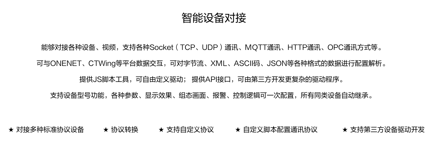 能夠對接各種設備、視頻，支持各種SocKet(TCP、UDP)通訊、MOTT通訊、HTTP通訊、OPC通訊方式等。 可與ONENET、CTWing等平臺數據交互，可對字節流、XML、ASCI碼、JSON等各種格式的數據進行配置解析。 提供JS腳本工具，可自由定義驅動;提供API接口，可由第三方開發更復雜的驅動程序。 支持設備型號功能，各種參數、顯示效果、組態畫面、報警、控制邏輯可一次配置，所有同類設備自動繼承。